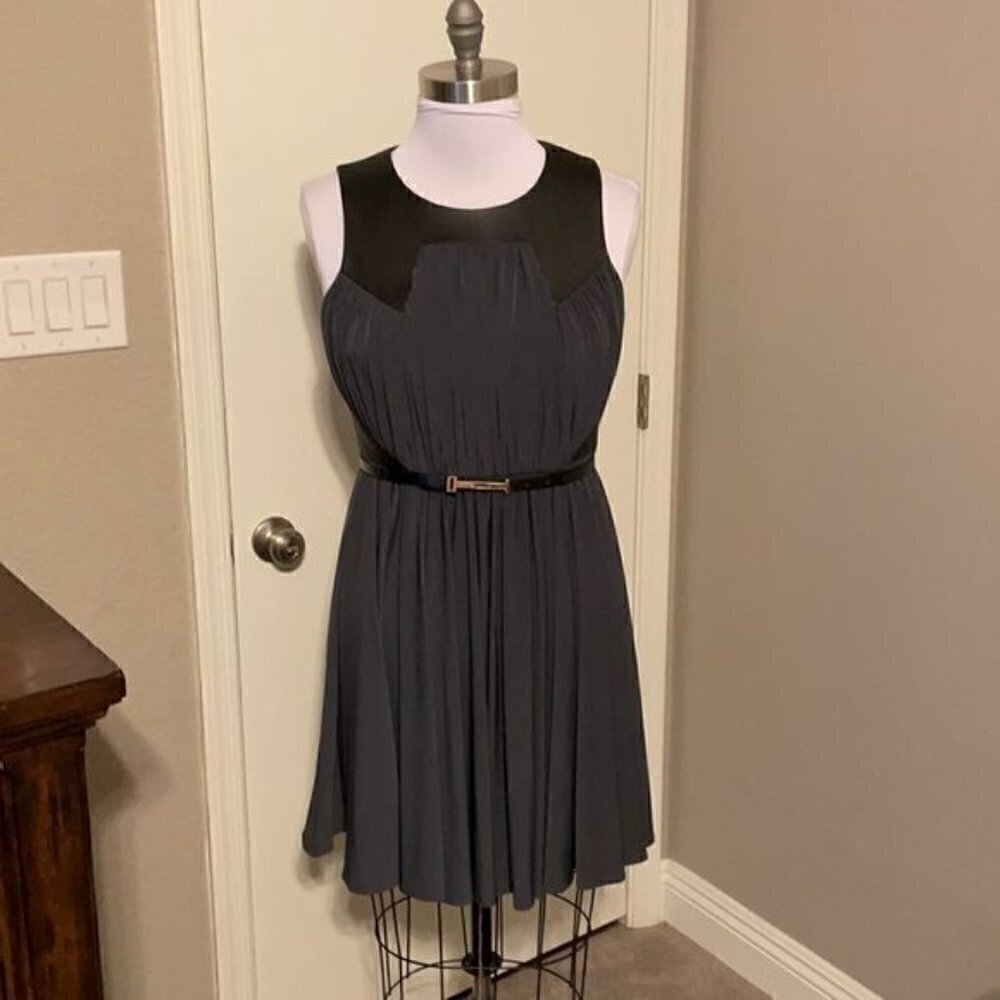 Ivy + Blu Gray And Black Faux Leather Chiffon Dress Belted Career Office Sz 8